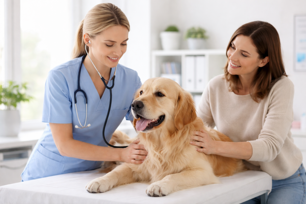 Осмотр собаки ветеринаром-терапевтом в клинике Лекар-Вет при владельце