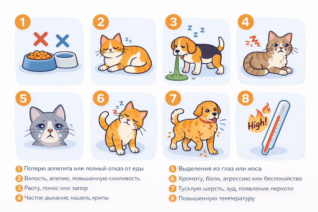 Симптомы, при которых нужно обратиться к ветеринару-терапевту: отказ от еды, вялость, рвота, кашель, температура