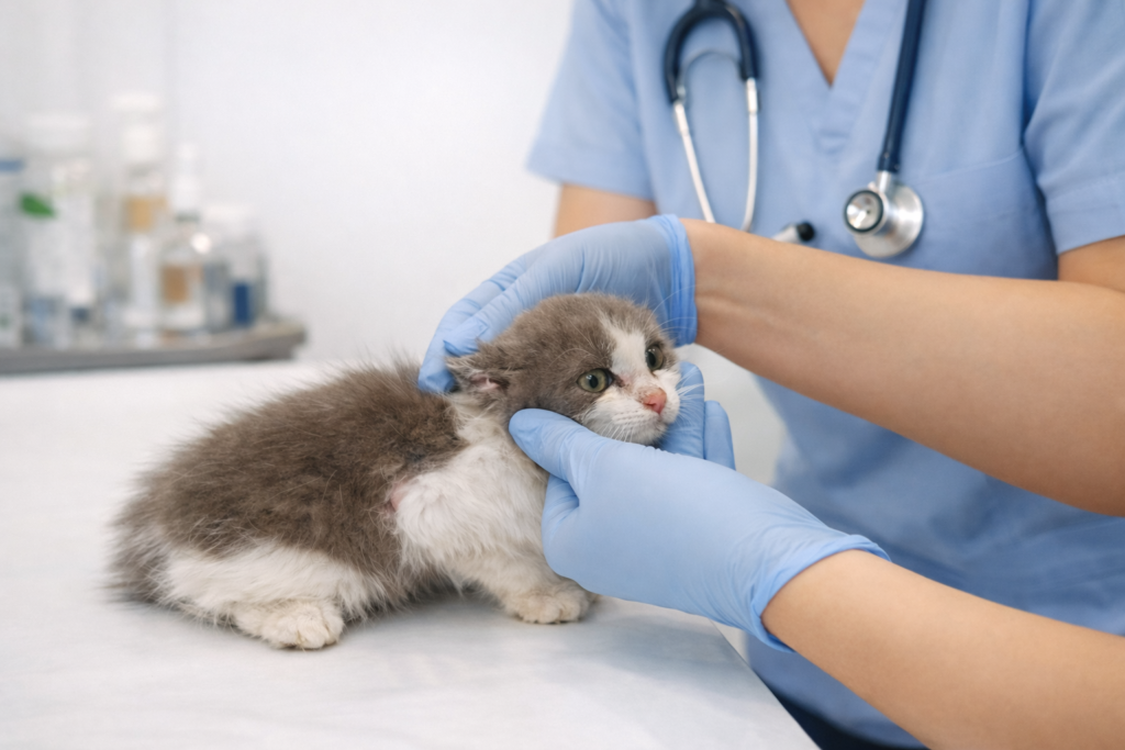 Ветеринар-терапевт осматривает кошку на приёме в клинике Лекар-Вет